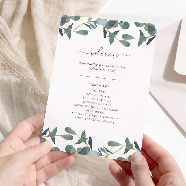 Programa Eucalyptus Escudo | Boda de acuarela de hojas verd (An elegant wedding program decorated with watercolor eucalyptus leaves)
