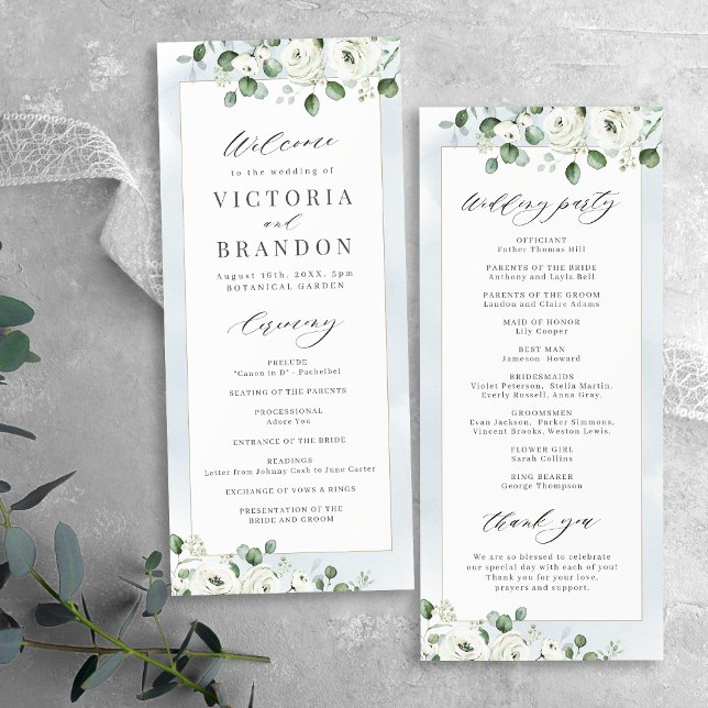 Programa Eucalyptus Greenery boda rústico floral blanca (Eucalyptus Greenery white floral rustic wedding Program)