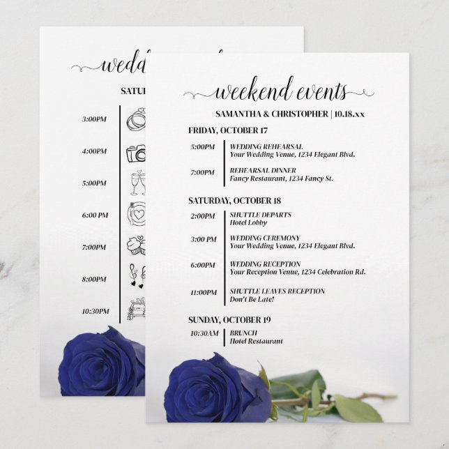 Programa Eventos de Boda de Rosa Azul Marinho Elegante & Cr (Anverso / Reverso)