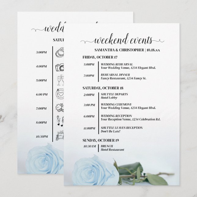 Programa Eventos de Boda de Rosa Azul Polvorienta Clara & C (Anverso / Reverso)