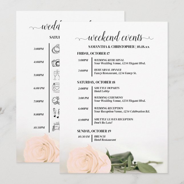 Programa Eventos de Boda de Rosa Melocotón Pálido y Cronolo (Anverso / Reverso)