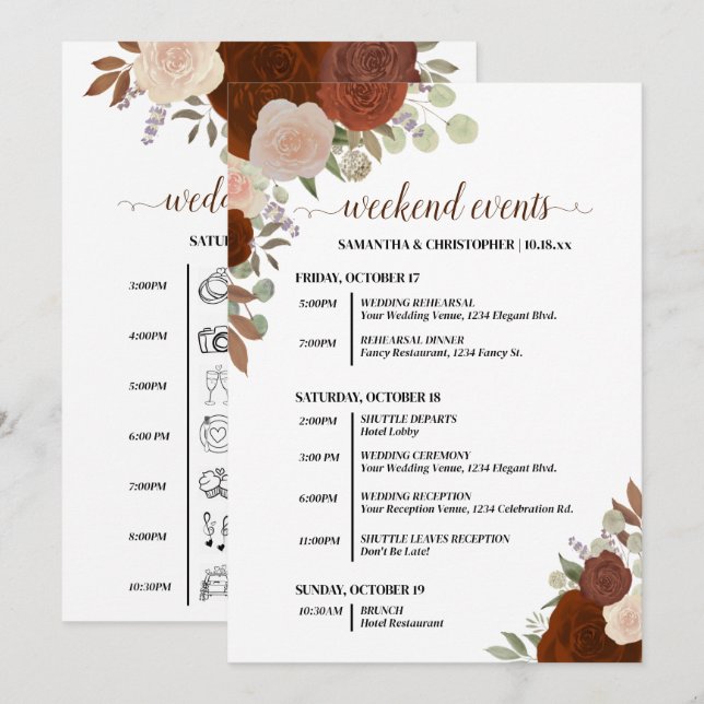 Programa Eventos de Boda de Rosas de Otoño Rústico & Cronol (Anverso / Reverso)