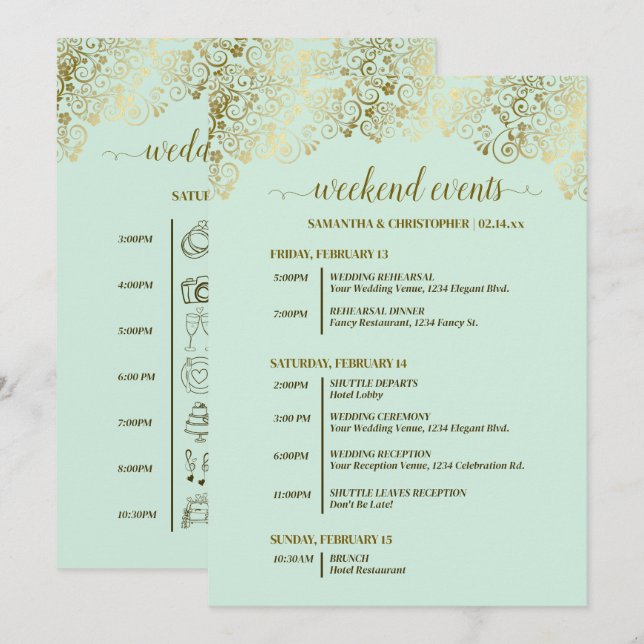 Programa Eventos de Boda y Cronología Verde Menta y Dorado  (Anverso / Reverso)