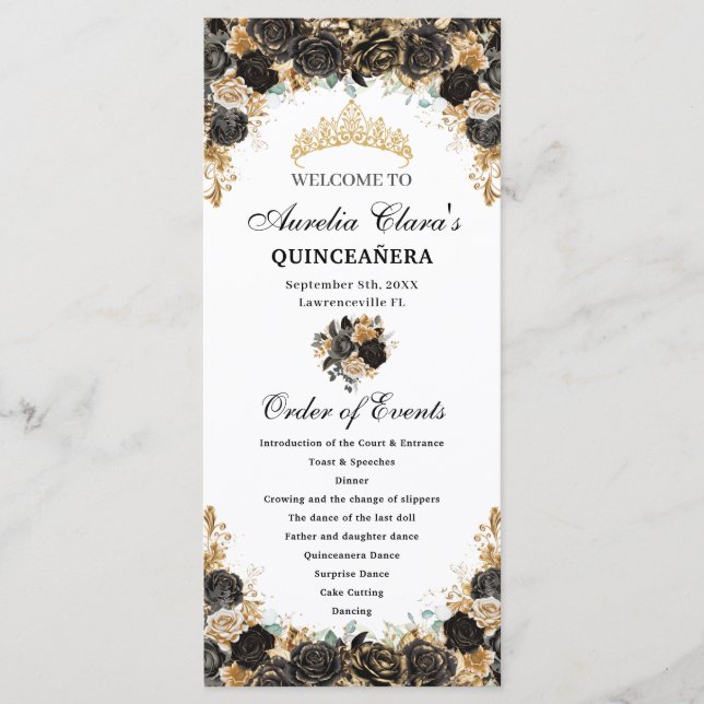 Programa Eventos de Quinceañera Floral Negro y Dorado (Anverso)
