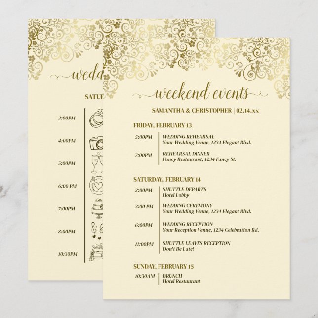 Programa Eventos y Cronología de Boda con Adornos Dorados y (Anverso / Reverso)