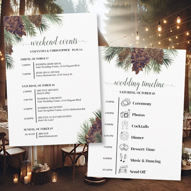 Programa Eventos y Cronología de Boda con Piñas de Pino Rús (Front/Back)