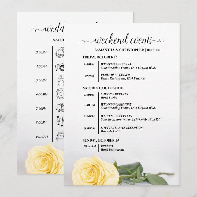 Programa Eventos y Cronología de Boda de Rosa Amarilla Eleg (Anverso / Reverso)