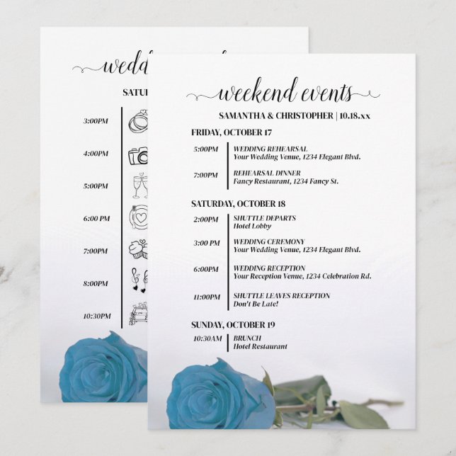 Programa Eventos y Cronología de Boda de Rosa Azul Turquesa (Anverso / Reverso)