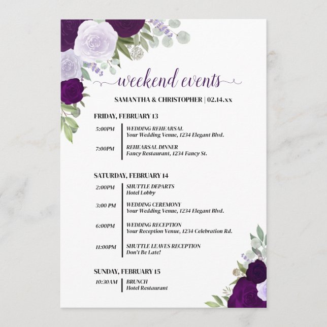 Programa Eventos y Cronología de Boda de Rosas Boho Moradas (Anverso)