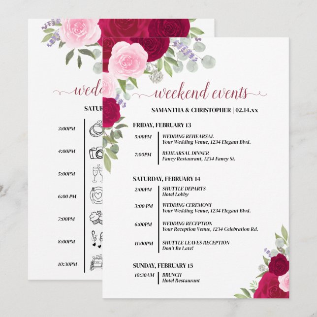 Programa Eventos y Cronología de Boda de Rosas Magenta y Ro (Anverso / Reverso)