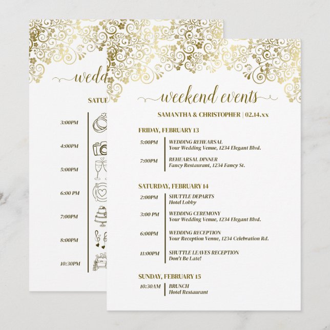 Programa Eventos y Cronología de Boda Dorados y Blancos Orn (Anverso / Reverso)