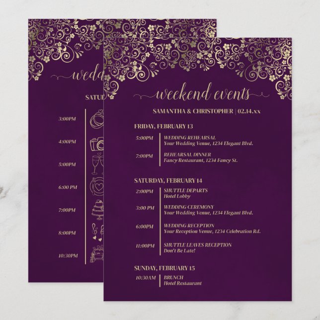 Programa Eventos y Cronología de Boda Elegante Ciruela y Or (Anverso / Reverso)