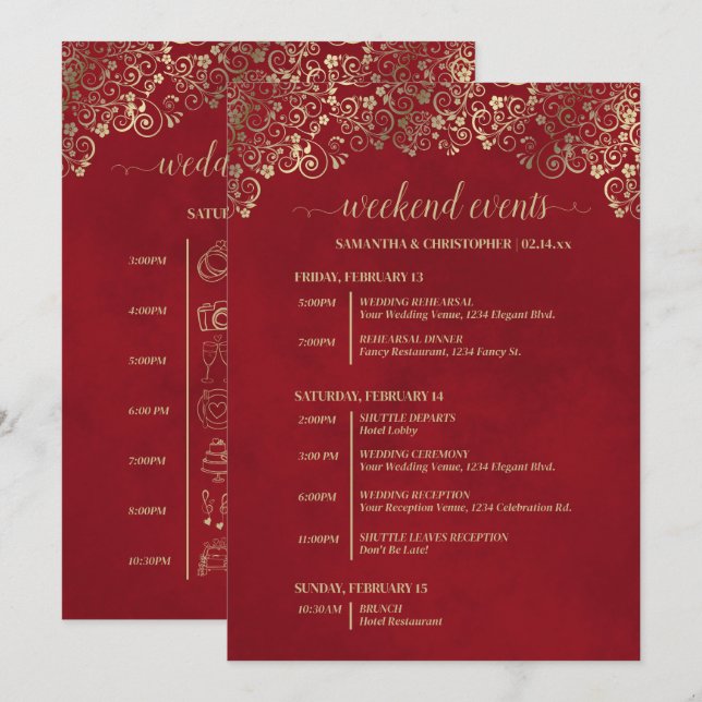 Programa Eventos y Cronología de Boda Elegante Rojo y Dorad (Anverso / Reverso)