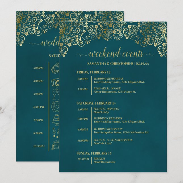 Programa Eventos y Cronología de Boda Elegante Turquesa y D (Anverso / Reverso)