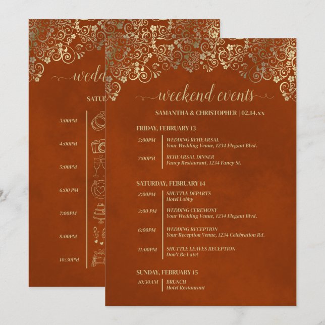 Programa Eventos y Cronología de Boda Glam Naranja Óxido y  (Anverso / Reverso)
