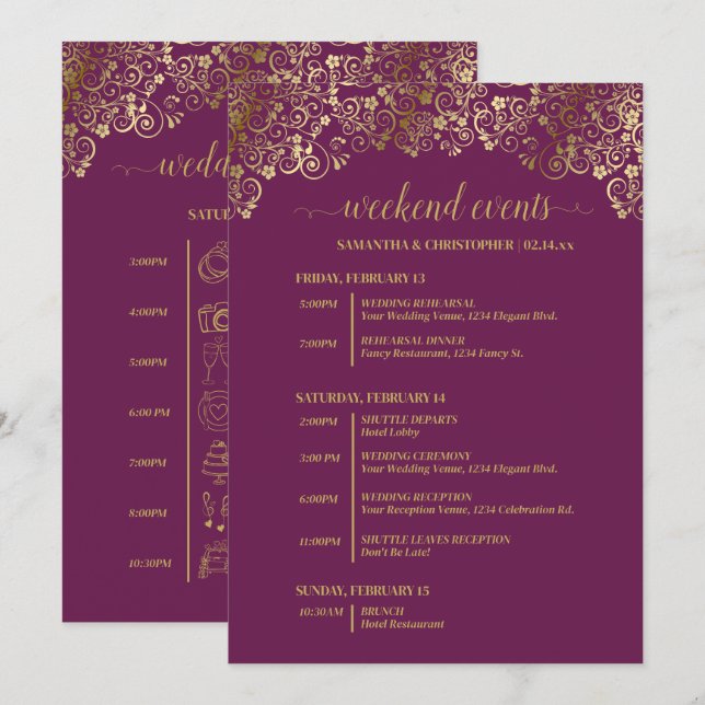 Programa Eventos y Cronología de Boda Magenta Ciruela y Dor (Anverso / Reverso)