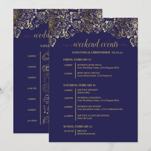 Programa Eventos y Cronología de Boda Ornamentados en Azul  (Anverso / Reverso)