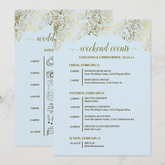 Programa Eventos y Cronología de Boda Ornata Azul Pálido y  (Anverso / Reverso)