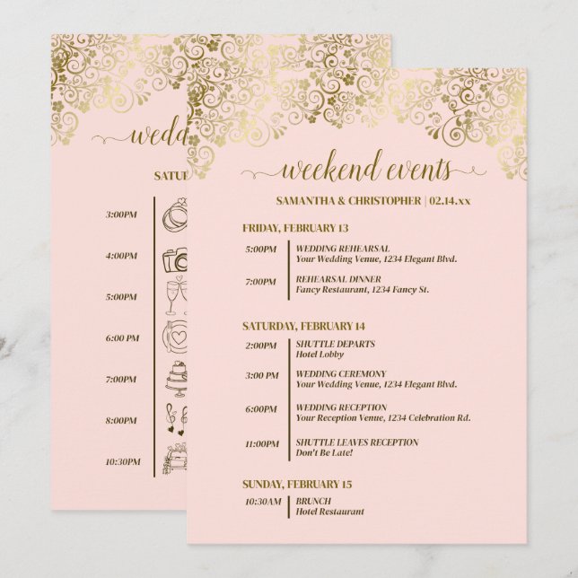 Programa Eventos y Cronología de Boda Rosa y Dorado Ornamen (Anverso / Reverso)
