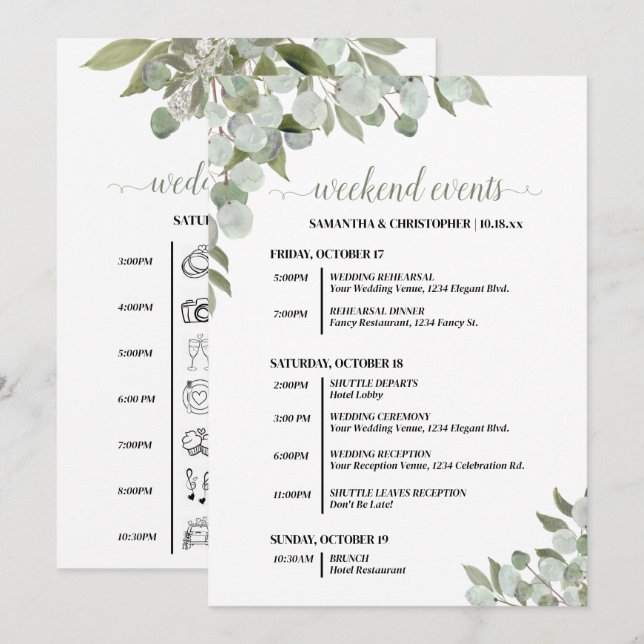 Programa Eventos y Cronología de Boda Rústica de Eucalipto (Anverso / Reverso)