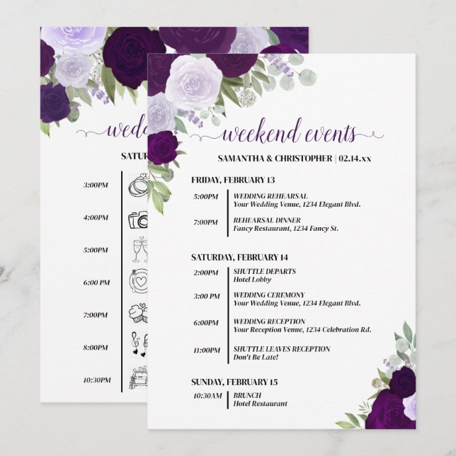 Programa Eventos y Cronología de Bodas de Rosas Boho Morada (Anverso / Reverso)