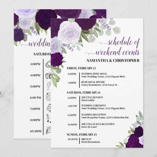 Programa Eventos y Cronología de la Boda de Rosas Boho Mora (Anverso / Reverso)