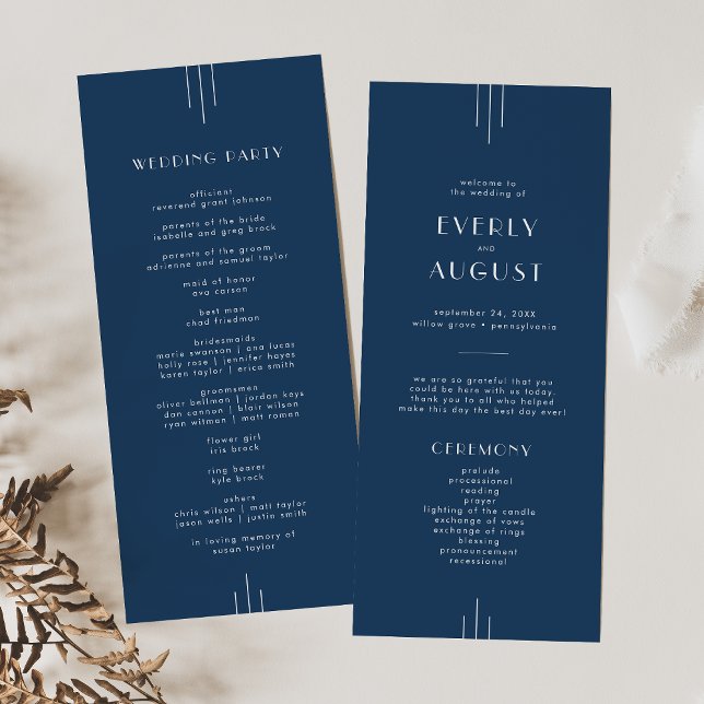 Programa EVERLY Clásico Arte Moderno Deco Boda Azul Marino (EVERLY Classic Modern Art Deco Navy Blue Wedding Program)