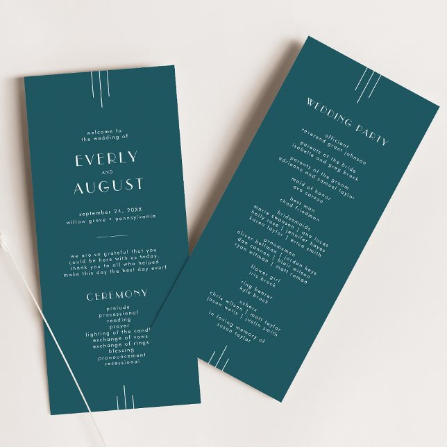 Programa EVERLY Simple Retro Art Deco Peacock Teal Wedding (EVERLY Simple Retro Art Deco Peacock Teal Wedding Program)