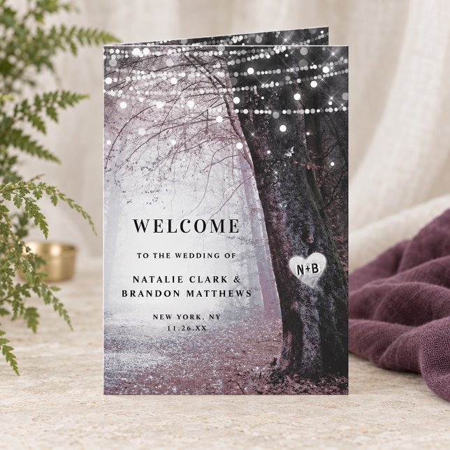 Programa Evermore | Ceremonia de Boda en el Bosque Encantad (Mauve Evermore enchanted forest folded wedding ceremony program with personalized cover. Styling props are not included.)
