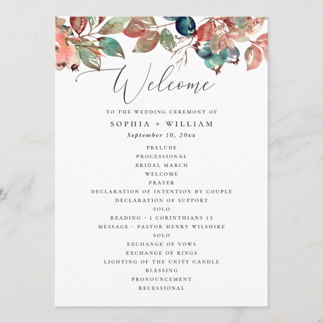 Programa Fall Botanical Wedding | Watercolor Berry Leaves (Anverso)
