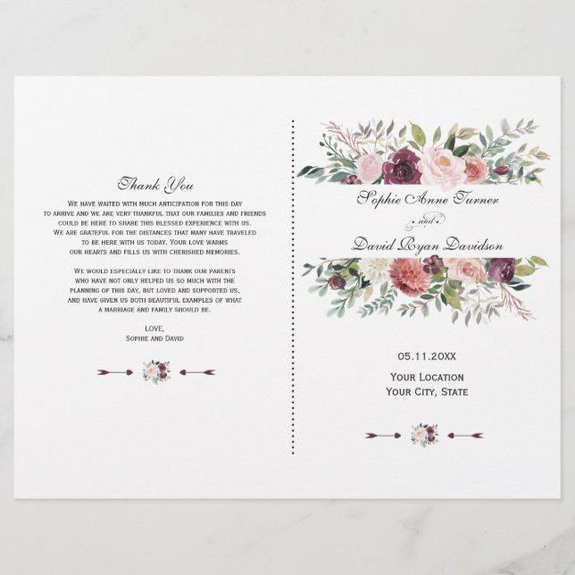 Programa Fall Burgundy Marfil Floral Frame Wedding (Anverso)