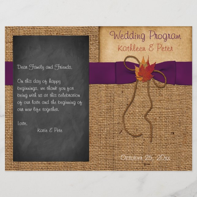 Programa Fall Leaves FUX Burlap Chalkboard Wedding (Anverso)