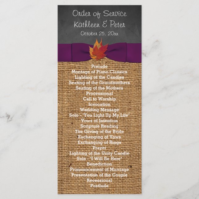 Programa Fall Leaves FUX Burlap Chalkboard Wedding (Anverso)