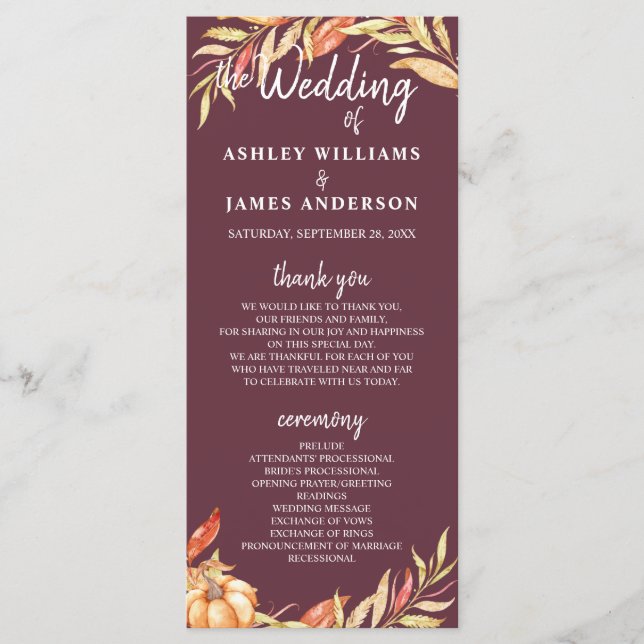 Programa Fall Love Golden Foliage Burgundy Wedding Program (Anverso)