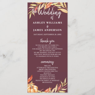 Programa Fall Love Golden Foliage Burgundy Wedding Program