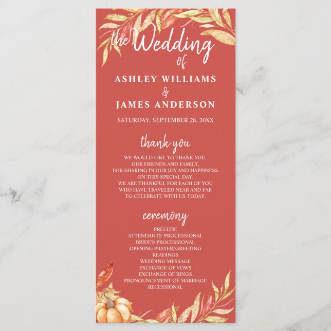 Programa Fall Love Golden Foliage Warm Red Wedding Program (Anverso)