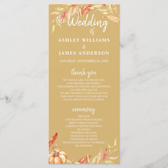 Programa Fall Love Golden Foliage Yellow Wedding Program (Anverso)