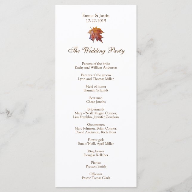 Programa Fall Wedding Watercolor Leaf Rackckard (Anverso)