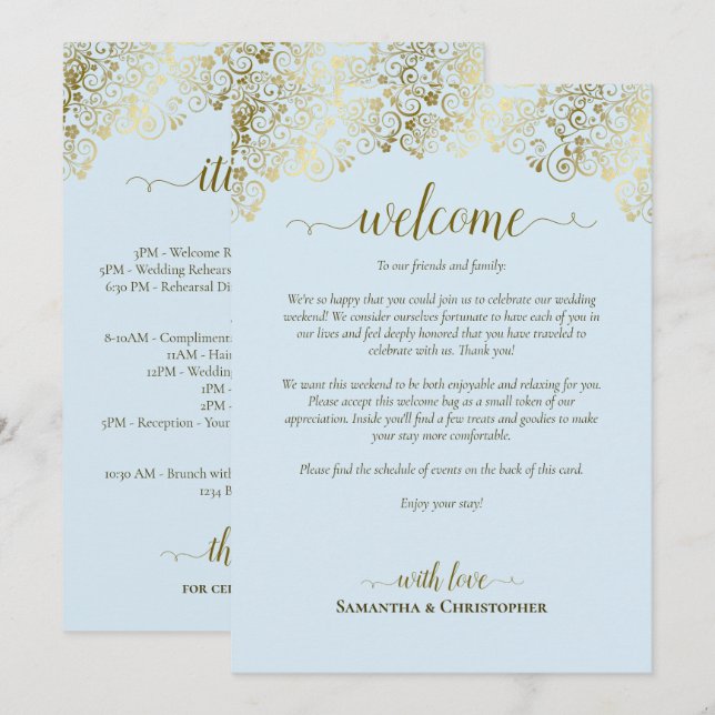 Programa Fancy azul pálido y oro Bodas Bienvenida e Itinera (Anverso / Reverso)