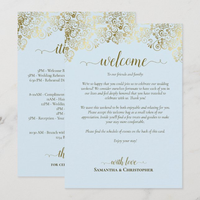 Programa Fancy Boda Azul Pálido y Dorado Bienvenida e Itine (Anverso / Reverso)