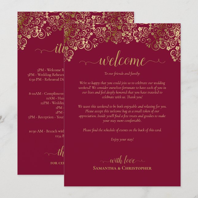 Programa Fancy Burgundy y Boda de Oro Bienvenida e Itinerar (Anverso / Reverso)