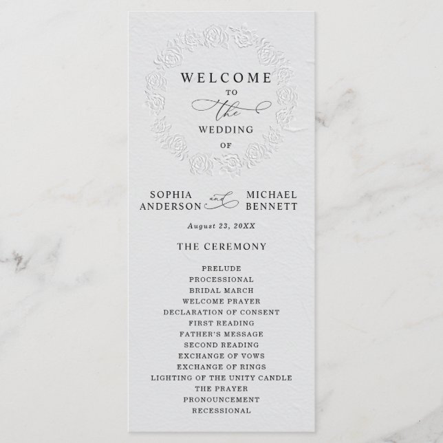Programa Faux Embossed White Roses Wedding Program (Anverso)