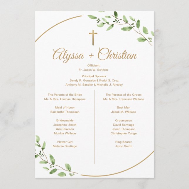 Programa Fiesta de Boda Cristiana Verde con Cruz Dorada (Anverso)