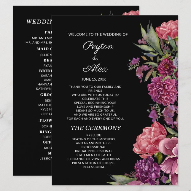 Programa Fiesta de Boda Floral Rosa Púrpura Negra (Anverso / Reverso)