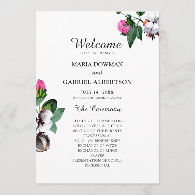 Programa Flor de algodón floreciente. Boda botánico (Anverso)