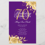 Programa Floral 70th Birthday Gold & Purple con Me<br><div class="desc">Elegante diseño "Programa de fiesta de cumpleaños" con Arreglo floral en oro con texto personalizado.</div>