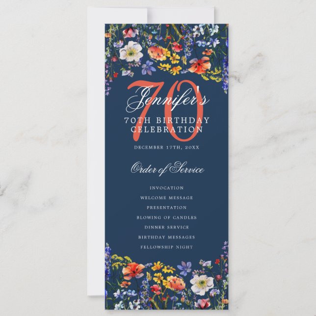 Programa Floral 70th Birthday Party Menu Navy (Anverso)