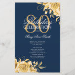 Programa Floral 80th Birthday Gold & Navy con Menú<br><div class="desc">Elegante diseño "Programa de fiesta de cumpleaños" con Arreglo floral en oro con texto personalizado.</div>