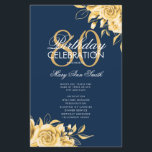 Programa Floral 80th Birthday Gold & Navy con Menú<br><div class="desc">Elegante diseño "Programa de fiesta de cumpleaños" con Arreglo floral en oro con texto personalizado.</div>