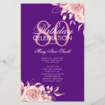 Programa Floral 80th Birthday Rosa Menú Dorado Púr<br><div class="desc">Elegante diseño "Programa de fiesta de cumpleaños" con Arreglo floral en oro Rosa   púrpura con texto personalizado.</div>